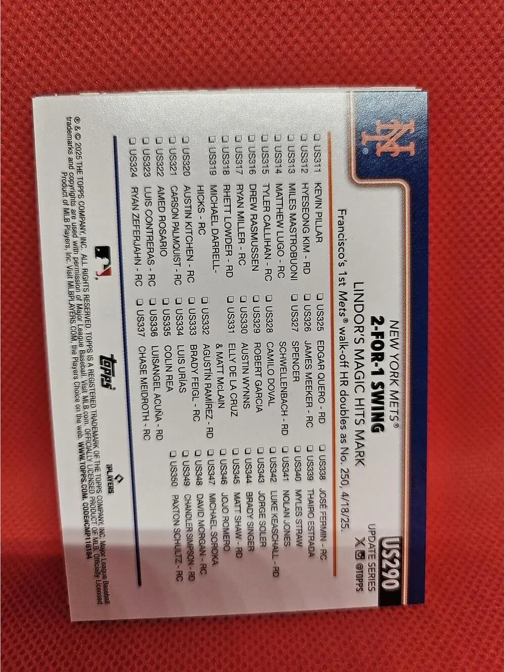 Fransisco Lindor - 2025 Topps Update #US290 - Mets - RAW Mint
